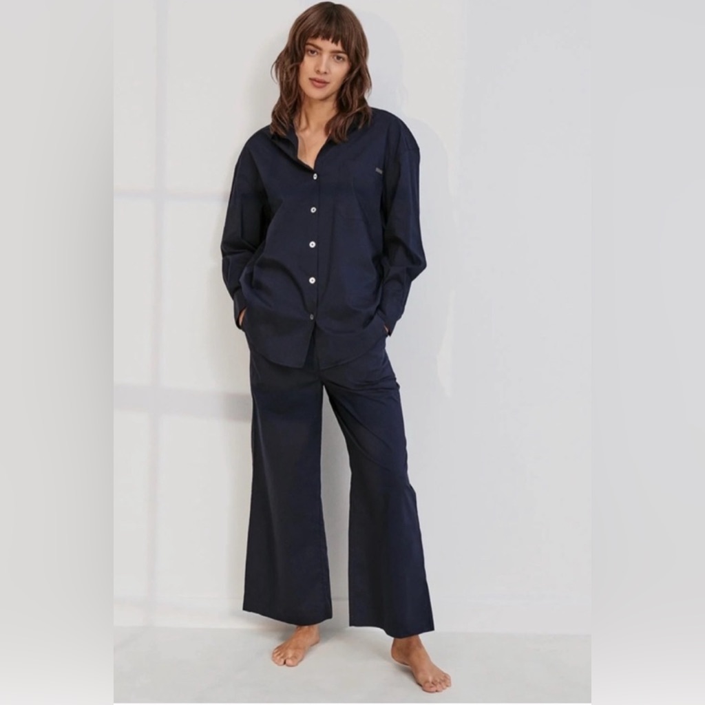 Lunya Airy Cotton Long Sleeve Set Pj Pajamas In Navy Blue Size Medium New